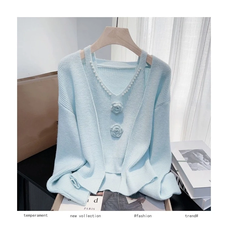 

French Sweet Three-dimensional Flower Heavy Industry Beaded Sweater for Women in Autumn Suspender Knitted Cardigan Two-piece Set