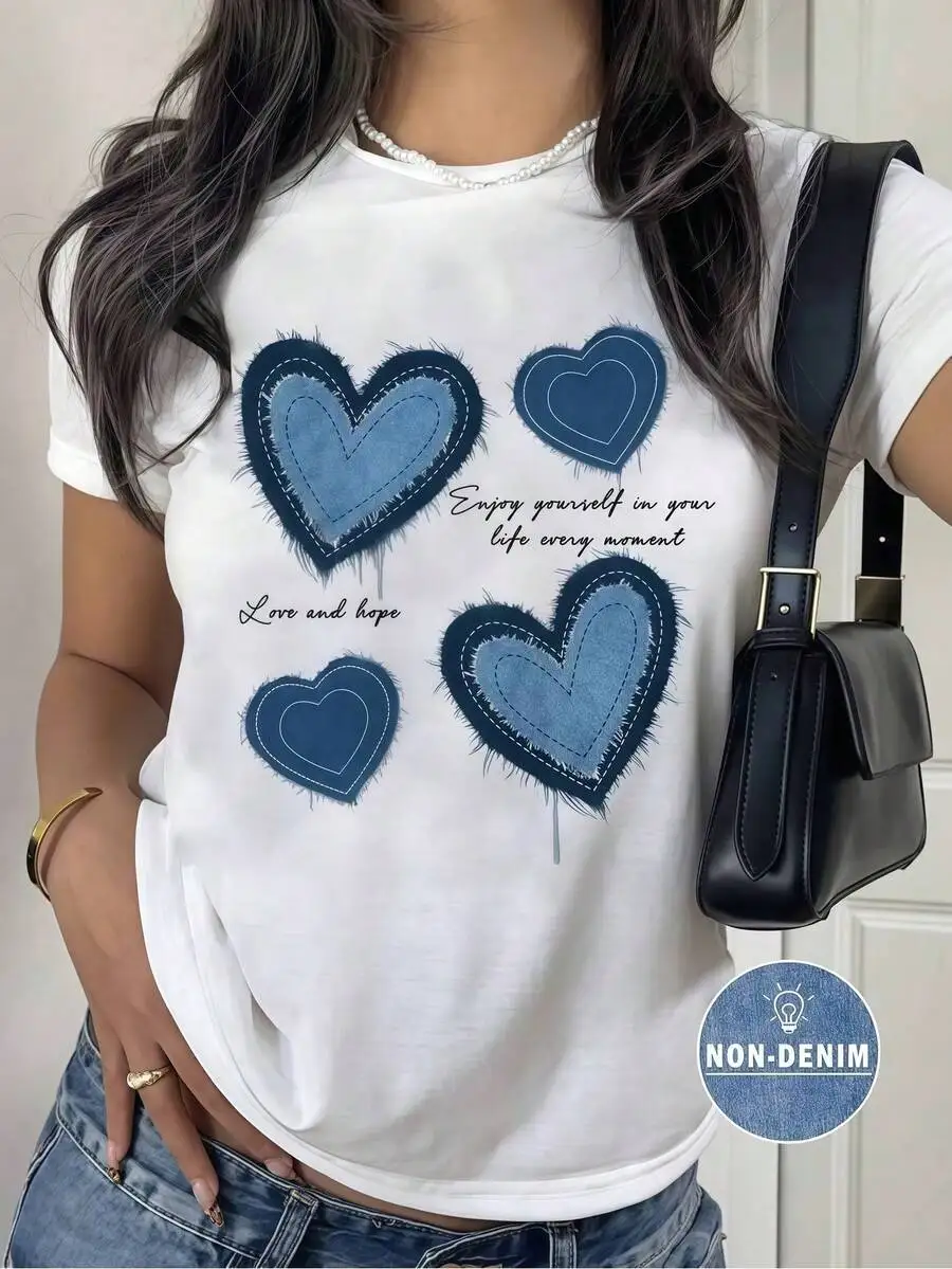 

Womens White Crew Neck Casual T-Shirt Knitted Fabric Lightweight Graphic Tee