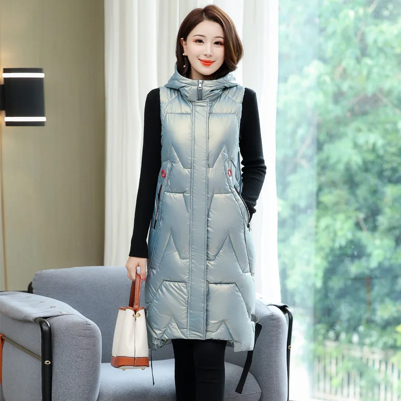 

Long Winter Coat Vest Women Hooded Sleeveless Warm Zipper Femme Quilted Waistcoat Casual