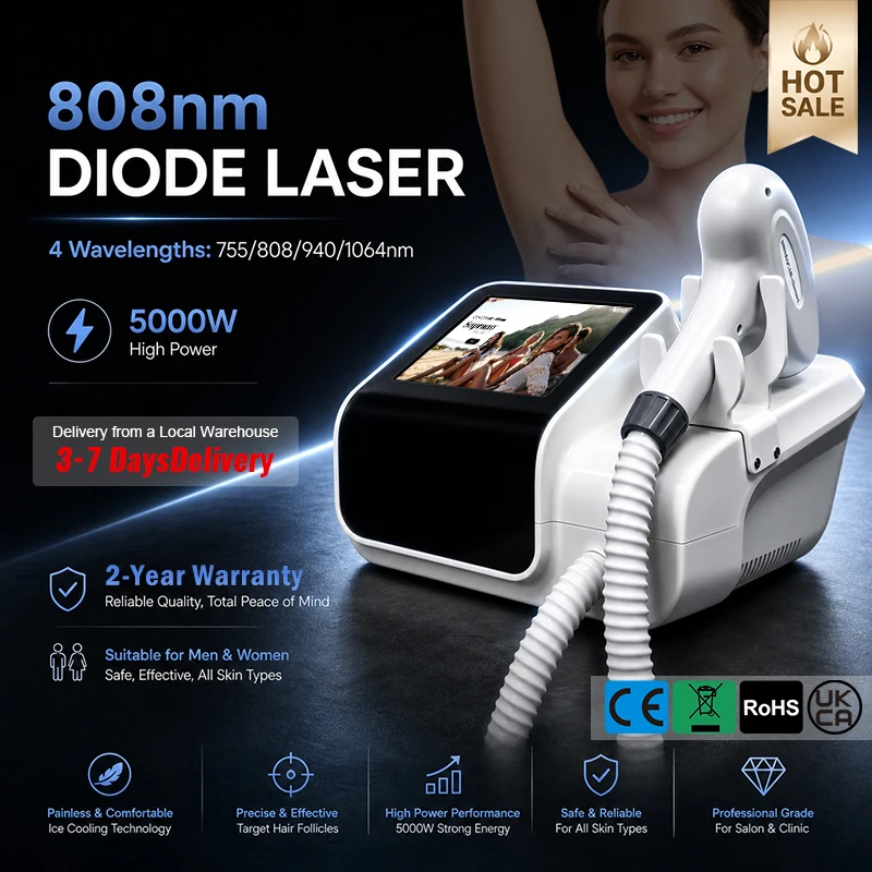 Mini Professional Diode Laser Hair Removal Device 4000w HighPower 755nm 808nm 1064nm Painless Permanent Alexander Cooling Handle