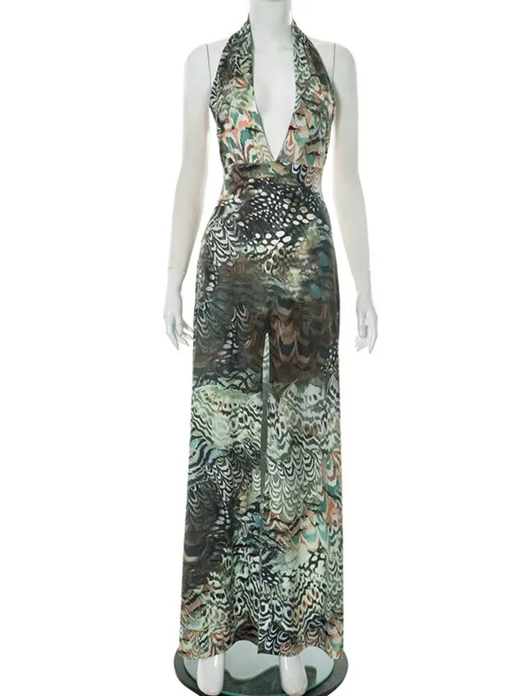 Blifanbo vestido maxi sexy com decote em V profundo estampado halter para mulheres divididas cintura alta fora do ombro verão patchwork praia vestido de férias