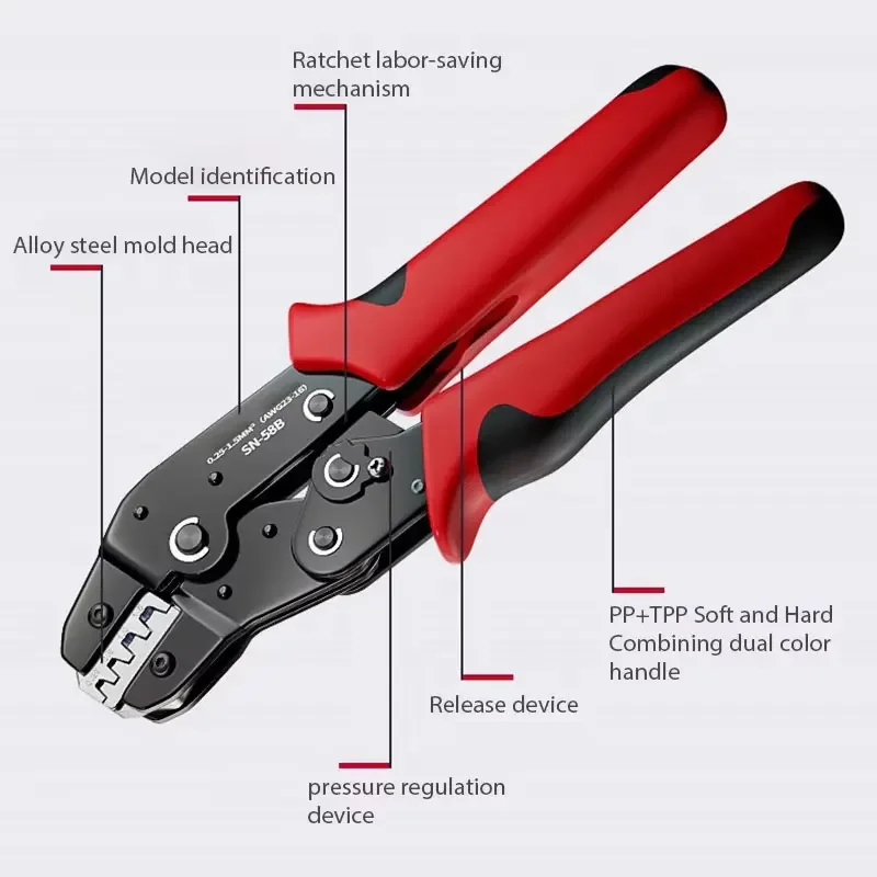 أداة تجعيد أسطوانية مفتوحة غير معزولة SN-58B 23-16 AWG /0.25-1.5mm2، محطات Dupont Molex JST TE ودبابيس EPC PCIE SATA