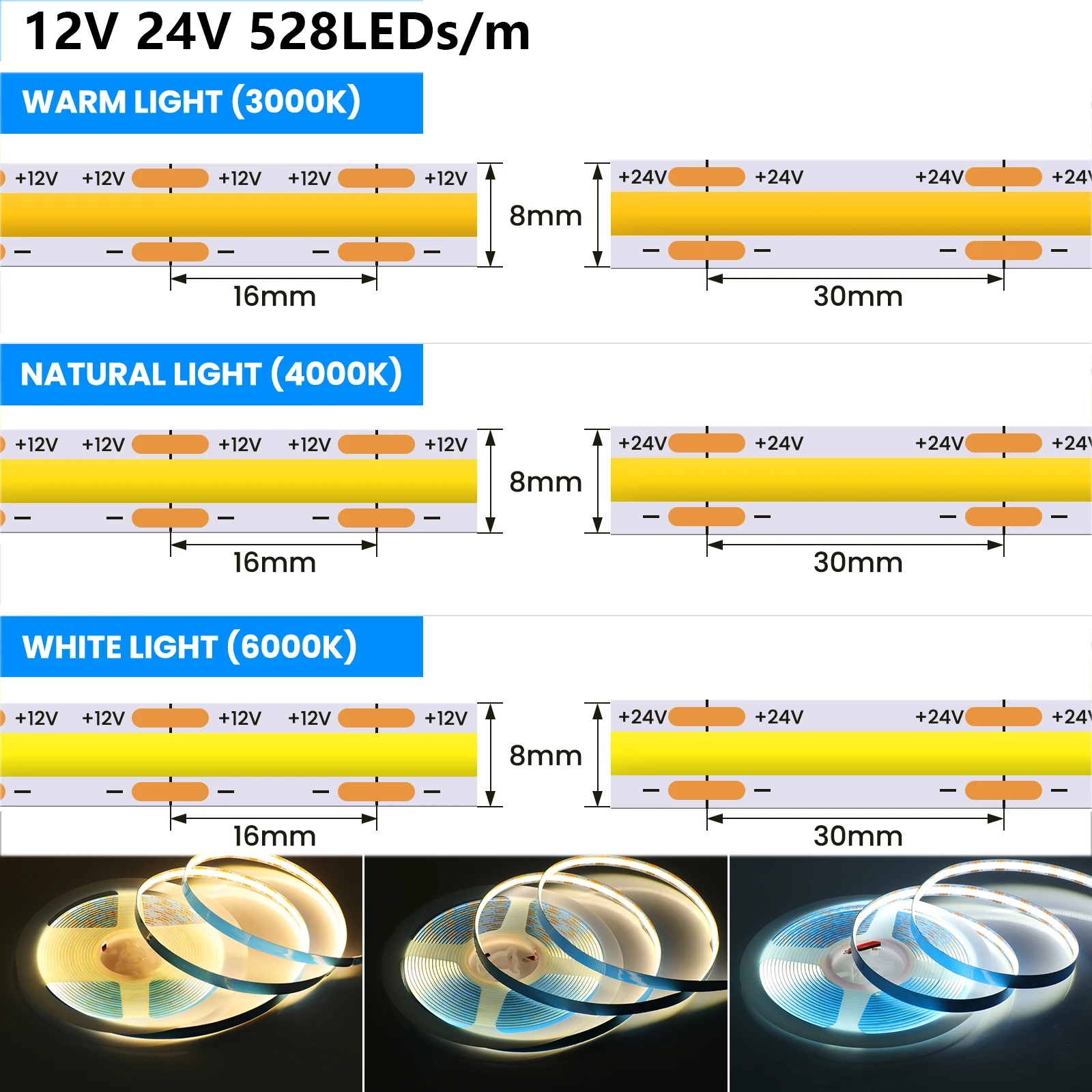 8mm PCB COB LED Strip 12V 24V High Density 480 528LEDs/m Flexible COB LED Tape Linear Dimmable LED Light For Room 0.5m 1m 5m 10m