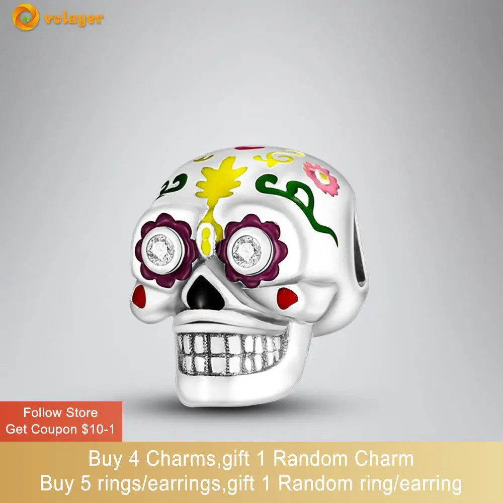 Volayer 925 Sterling Silver Beads Skeleton Charm fit Original Pandora Bracelets for Women Jewelry Making Gift