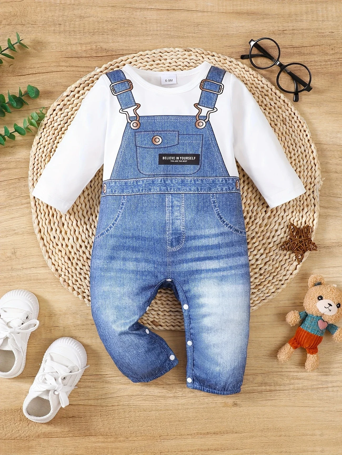 Sommer 0-1 Jahre alt Kleinkind Baby Jungen gefälschte Denim Print langärmelige lässige Babykleidung