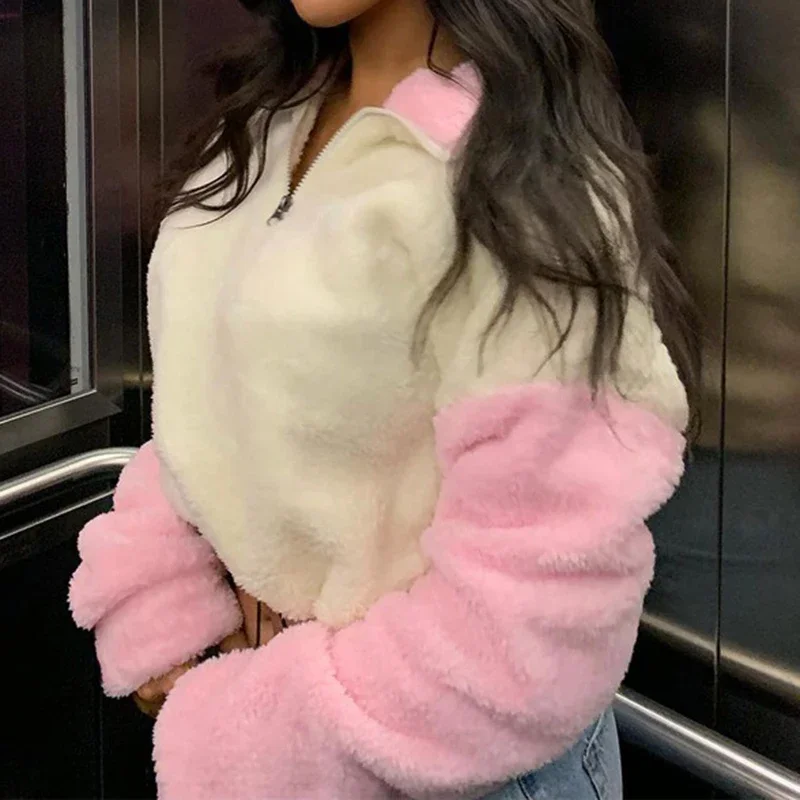 Modny zimowy polar Y2k krótki Top kobiet Harajuku Kawaii różowy casualowy ściągany na suwak kontrastowy kolorowa bluza damski sweter