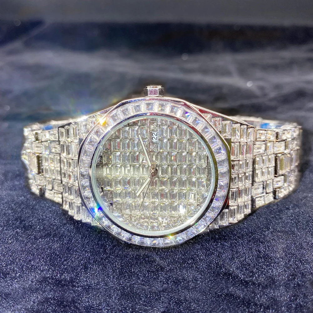 Relojes de cuarzo de piedra completa de lujo para hombres y mujeres, reloj de pulsera de Color dorado con fecha de Hip Hop, reloj luminoso resistente al agua a la moda