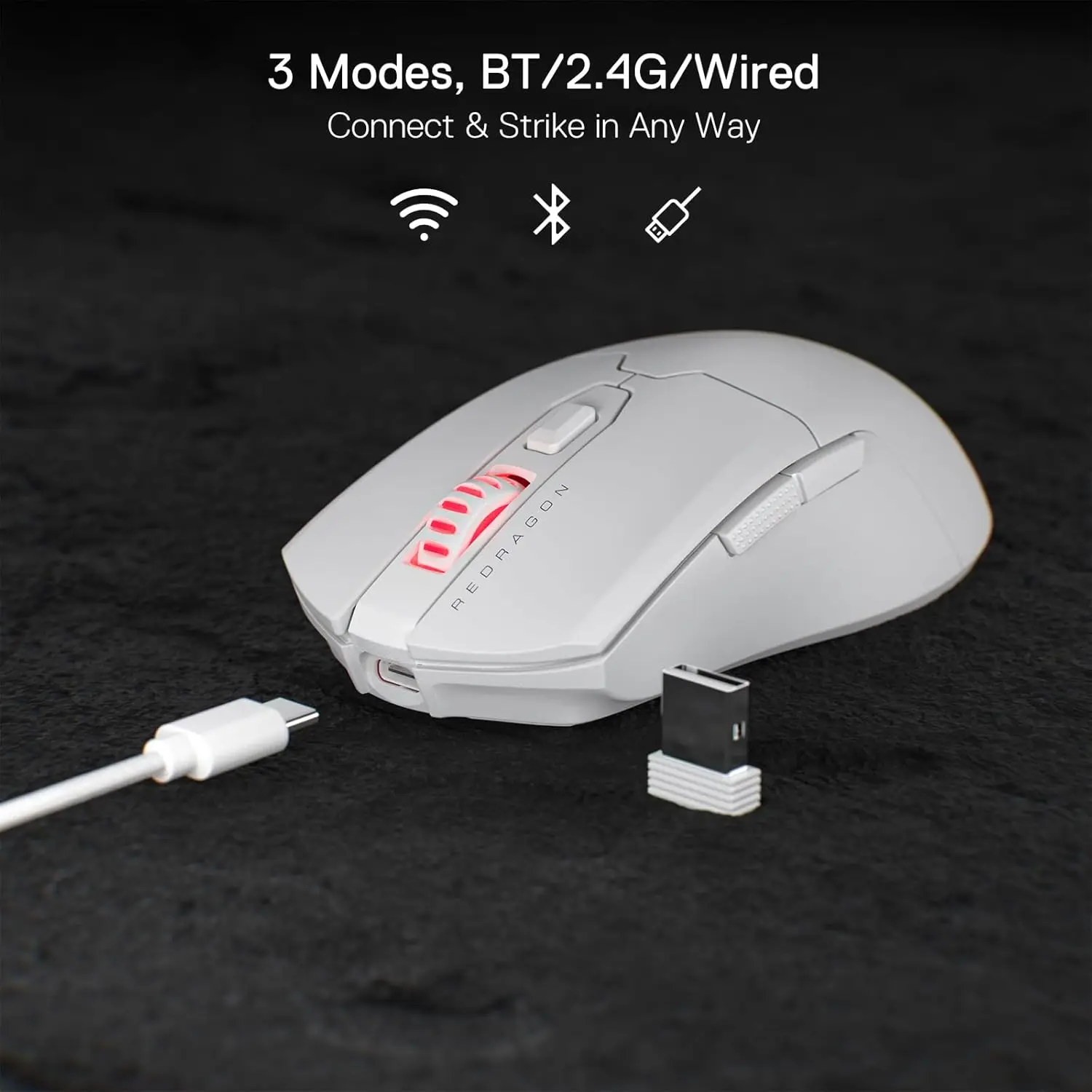 Imagem -05 - Mouse para Jogos sem Fio Modos 2.4ghz com Fio bt 26000 Dpi Mouse Óptico Gamer Botões Programáveis Redragon-m995