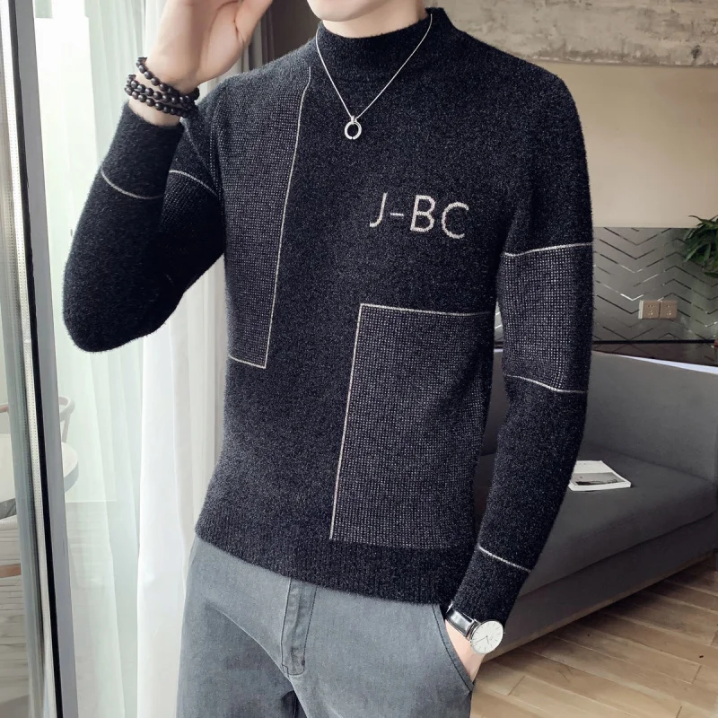 High Quality Simple Square Line Letter Sweater Men Slim Fit Semi Turtleneck Sweater Soft Warm Korean Herren Pullover Winter