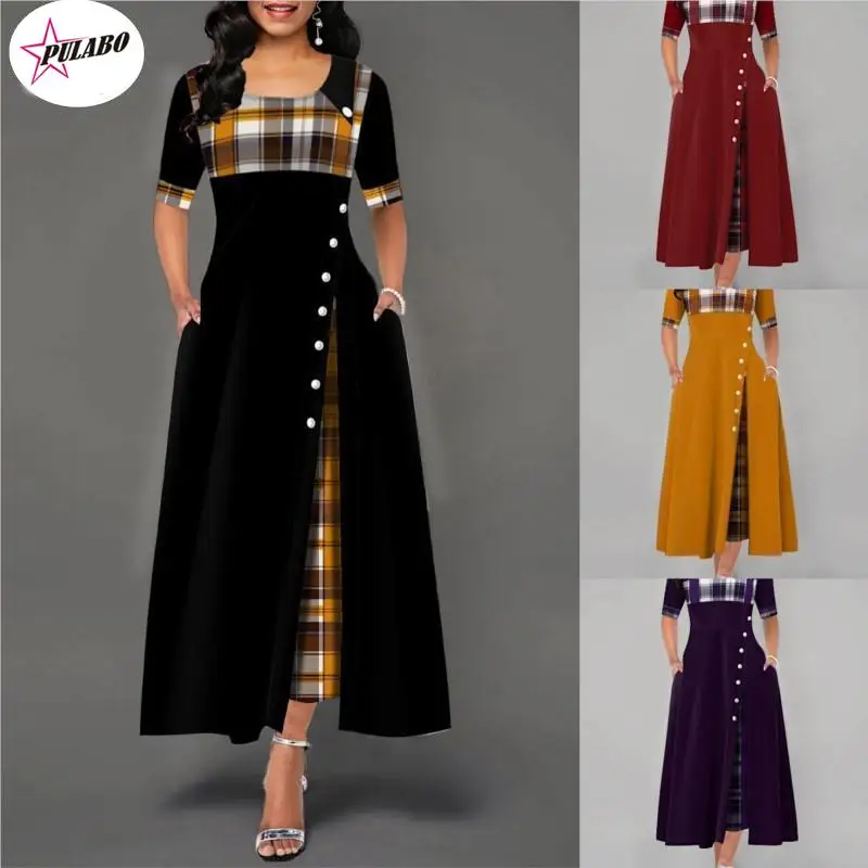 PULABO 4xl 5xl Donna Elegante Lungo Plaid Stampa Abiti da festa Irregolare Ladies Vintage Button Dress Patchwork A-Line Femminile