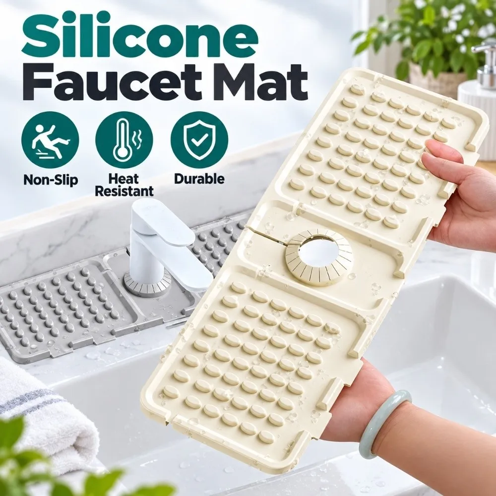 Foldable Silicone Faucet Mat Freely Cut Heat Resistant Draining Pad Adjustable Durable Splash-Proof Mat Kitchen Sink