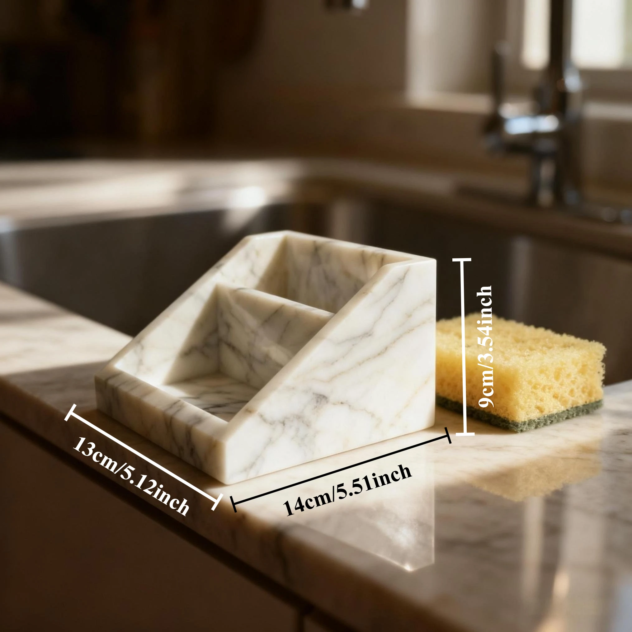 Versatile Natural Marble Soap & Sponge Caddy - Keeps & Bathroom Counters Tidy, Anti-Odor, Non-Slip Base