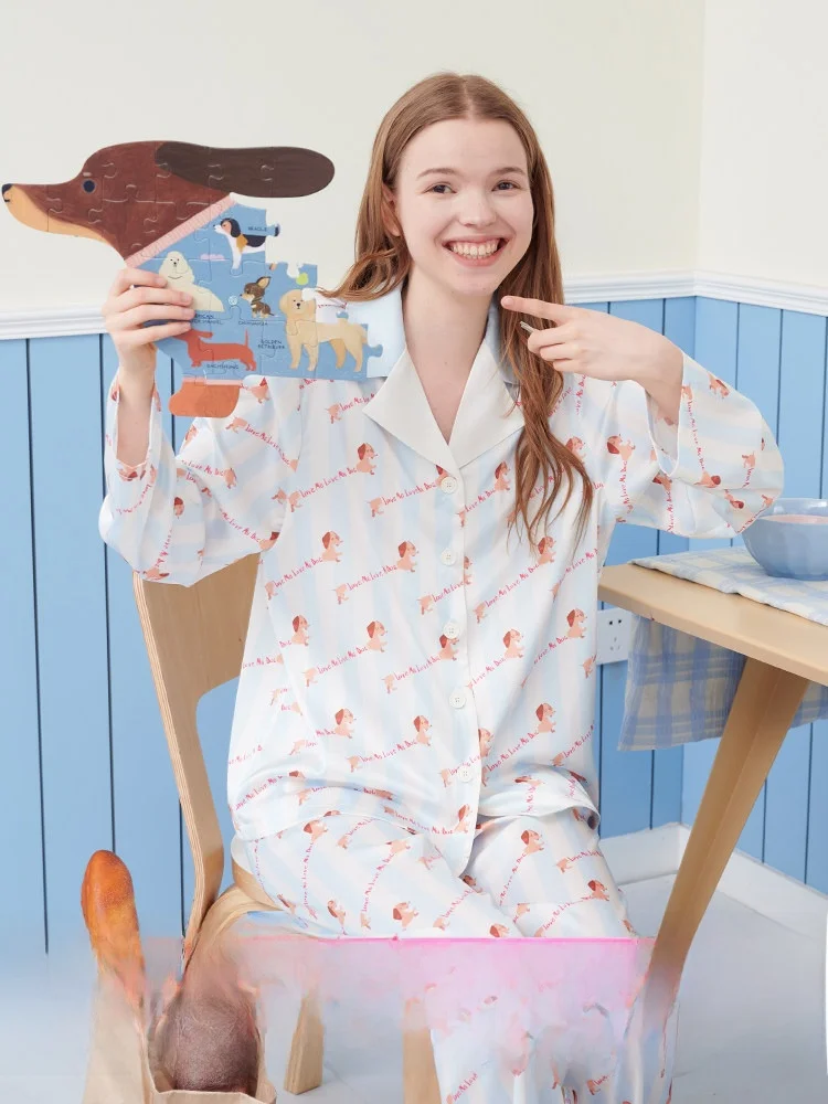 Left Navigation Roomance Summer Home Clothes Set Ice Silk Sleepwear Women's Wurst Dog Print Comfortable Loose Fit Short Sleeve