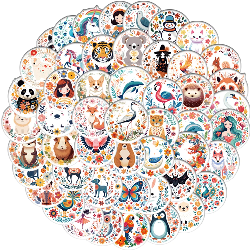 50pcs/bag New Animal Circular Stickers Multiple Cartoon Cute Image Designs For Laptops Diaries Envelopes Stationery PVC Decals