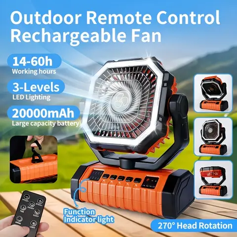 20 000Mah Portable LED Camping Fan with Integrated Light - USB Rechargeable Outdoor Cooling Fan for Tents, Hiking, And Fishing - Durable Compact Design, Green And Orange, Essential for Hiking, Robust Handle Feature, Camping Gear