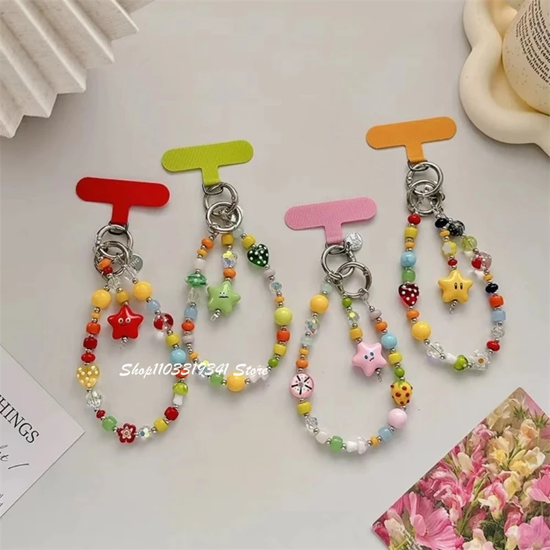 

Summer Dopamine Love Heart Color Star Pendant Double Buckle Mobile Phone Charm Chain Cute Beaded Anti-Loss Lanyard Wrist Strap