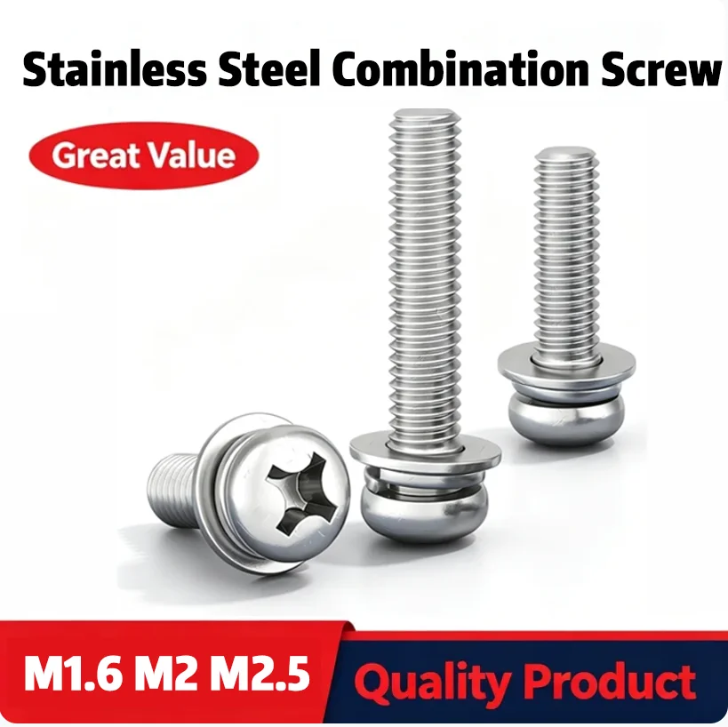 Metric M1.6 M2 M2.5 Stainless Steel Phillips‑Recessed Pan Head Fasteners, Integral Pre‑Assembled Washer Machinery Fitting Parts