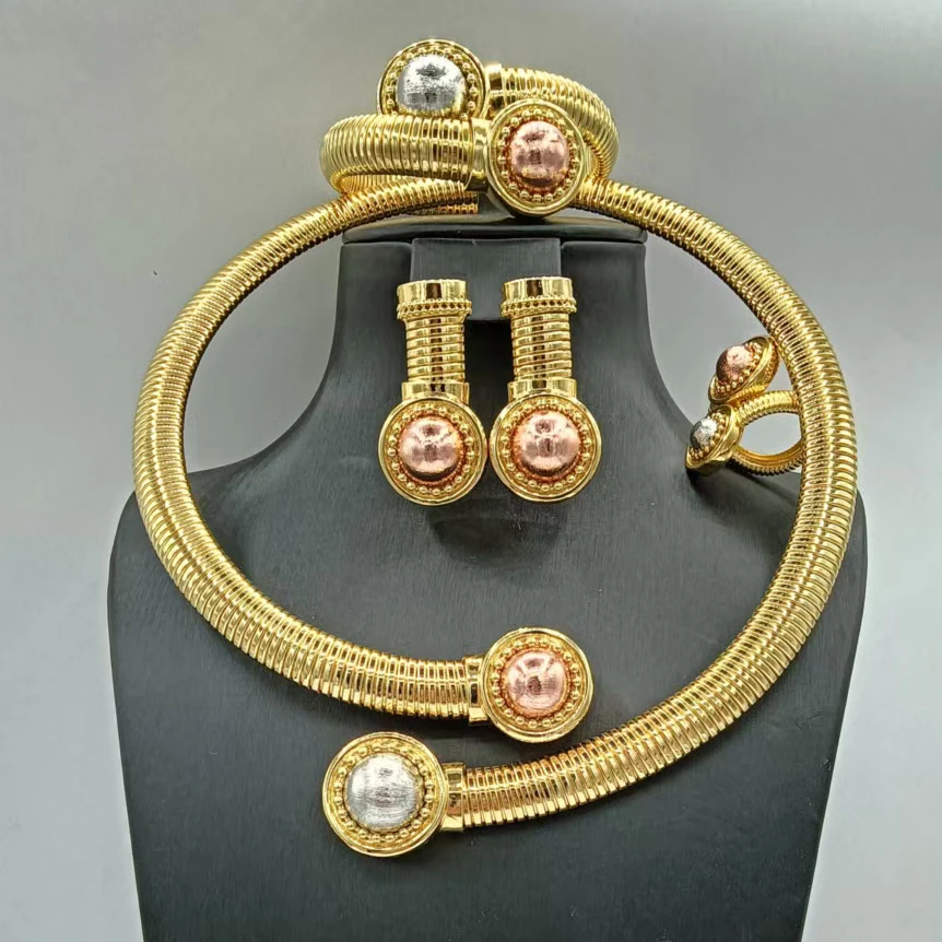 Luxury Trendy Three Tone Round Shape Jewelry Set Statement Fancy Wedding Necklace Bracelet Earrings Ring 4PC Jewellery for Party