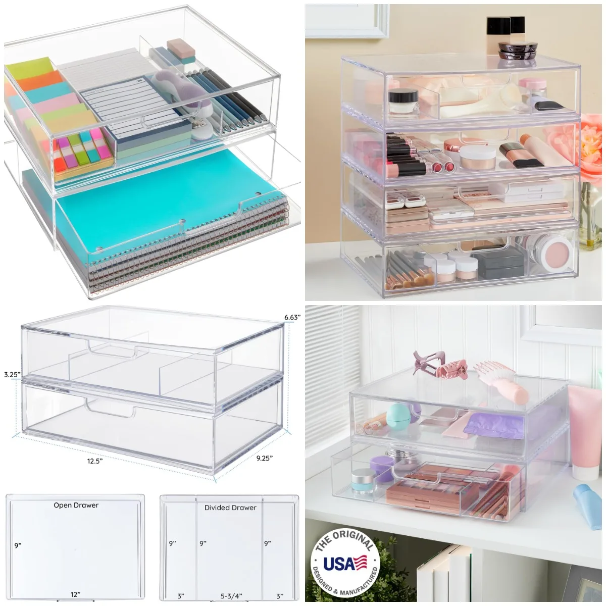 

Прозрачные штабелируемые ящики STAX (набор из 2 шт.) — широкий, открытый и разделенный на 12,5 футов, органайзер для офисного стола, сделано в США