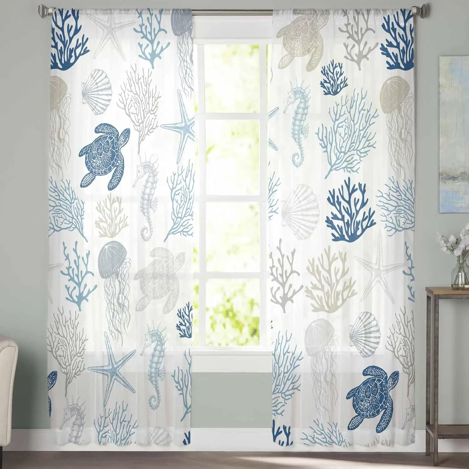 Sea Turtle Coral Starfish Jellyfish Print Curtains for Living Room Bedroom Window Treatment Coastal Home Decor