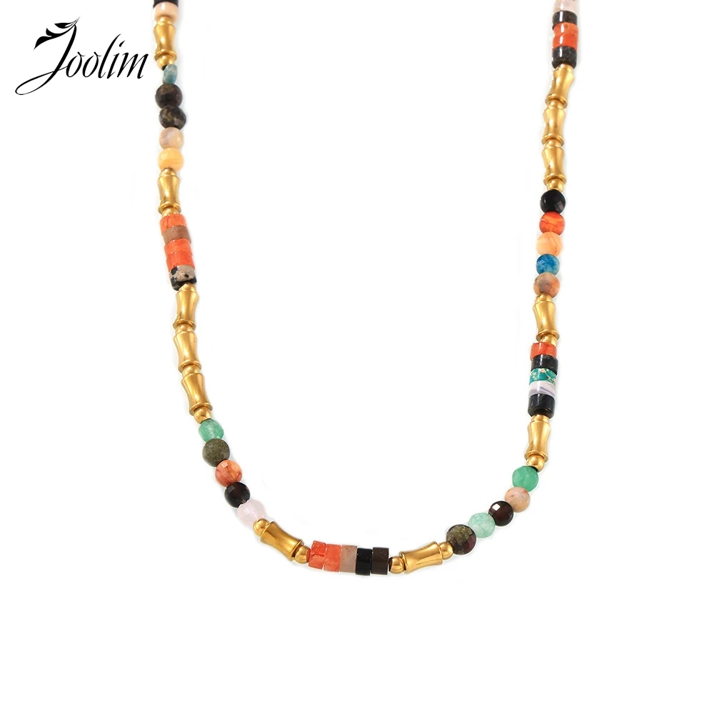 

Joolim Jewelry Wholesale Waterproof Bohemian Luxury Dopamine Color Natural Stone Beaded Chain Stainless Steel Necklace for Women