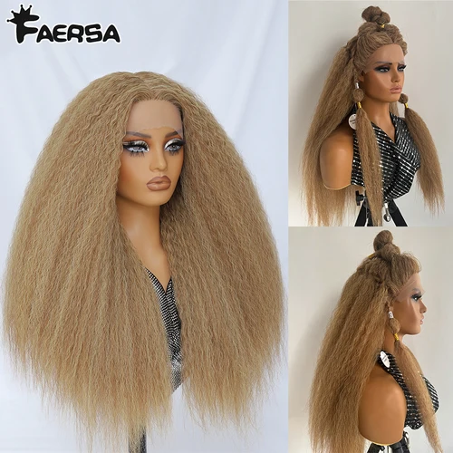 Peluca con malla frontal recta rizada, parte en T, 28 pulgadas, sintética, 13x5x1, pelucas largas de encaje, pelucas rectas Afro Yaki, marrón degradado para mujeres negras