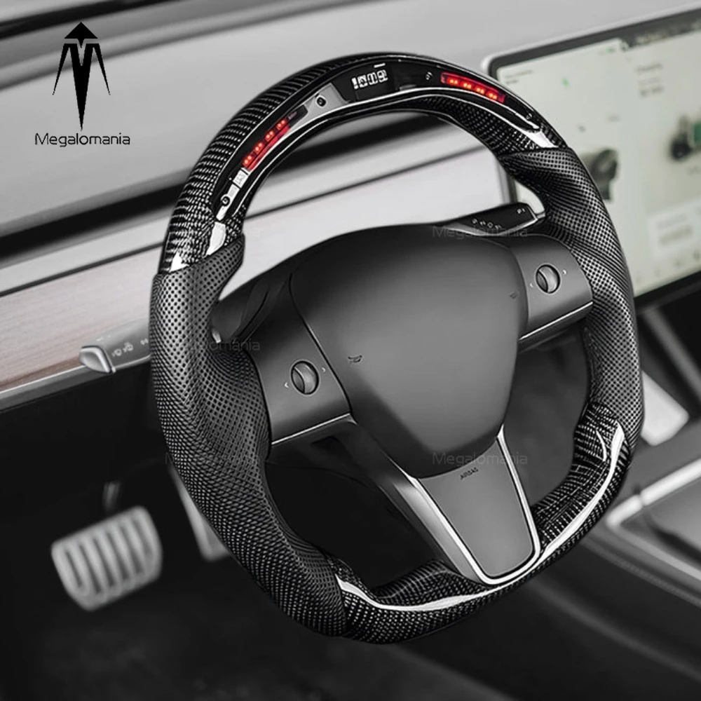 LED RPM Carbon Fiber Steering Wheel with Heating for Tesla Model 3 / Y Personalized Racing Style Customized