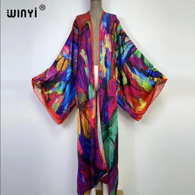 WINYI Catwalk Kimono Women Printed Bubble Hem Coat Long Sleeve Cardigan Abaya Dubai Luxury Beachwear Cover Up Boho Dress Caftan