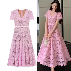 Party Prom Dress Women Runway designer Quality Button Diamonds Long Party Summer Holiday Elegant Short Sleeve Midi Dresses Retro