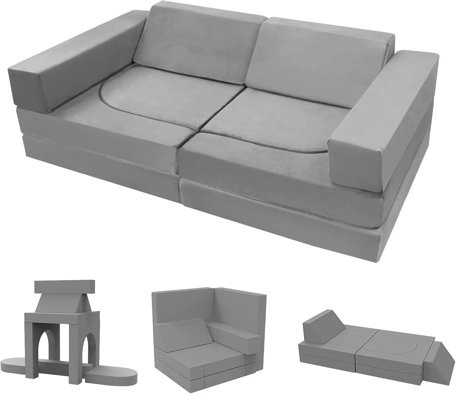 10-Pieces Kids Play Sofa, Modular Toddler Couch for Playroom, Fold Out Foam Couch for Girls Boys, Convertible Sectional Playset