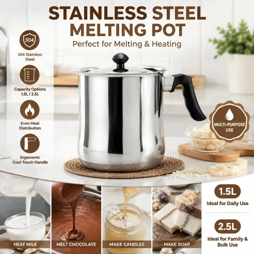 Stainless Steel Wax Melting Pot Plastic Handle Heatproof Wax Making Pot With Lid Multifunctional Heating Bee Wax Melting Pot