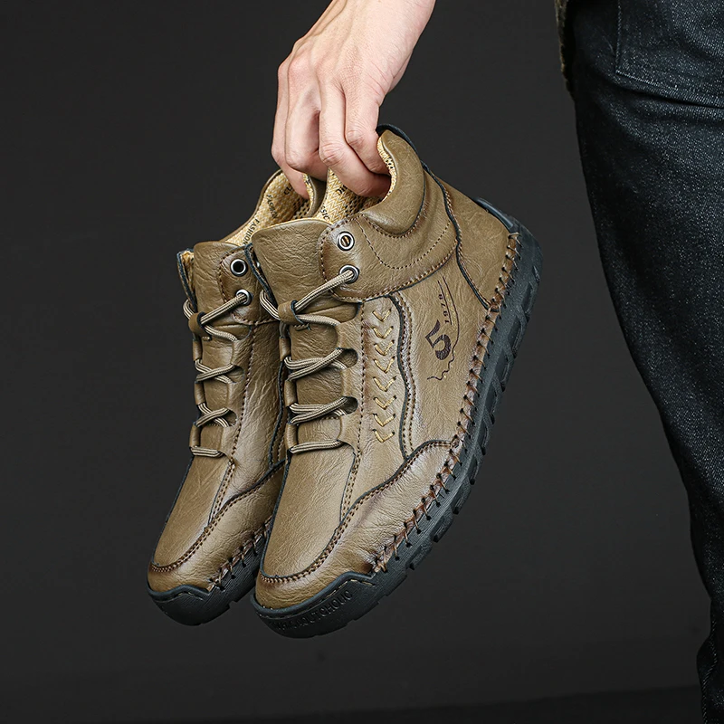 Nowe Jesienno-Zimowe Ręcznie Robione Skórzane Męskie Buty Outdoorowe Designerskie Sneakersy Oddychające Casualowe Skórzane Botki Plus Size Czarne