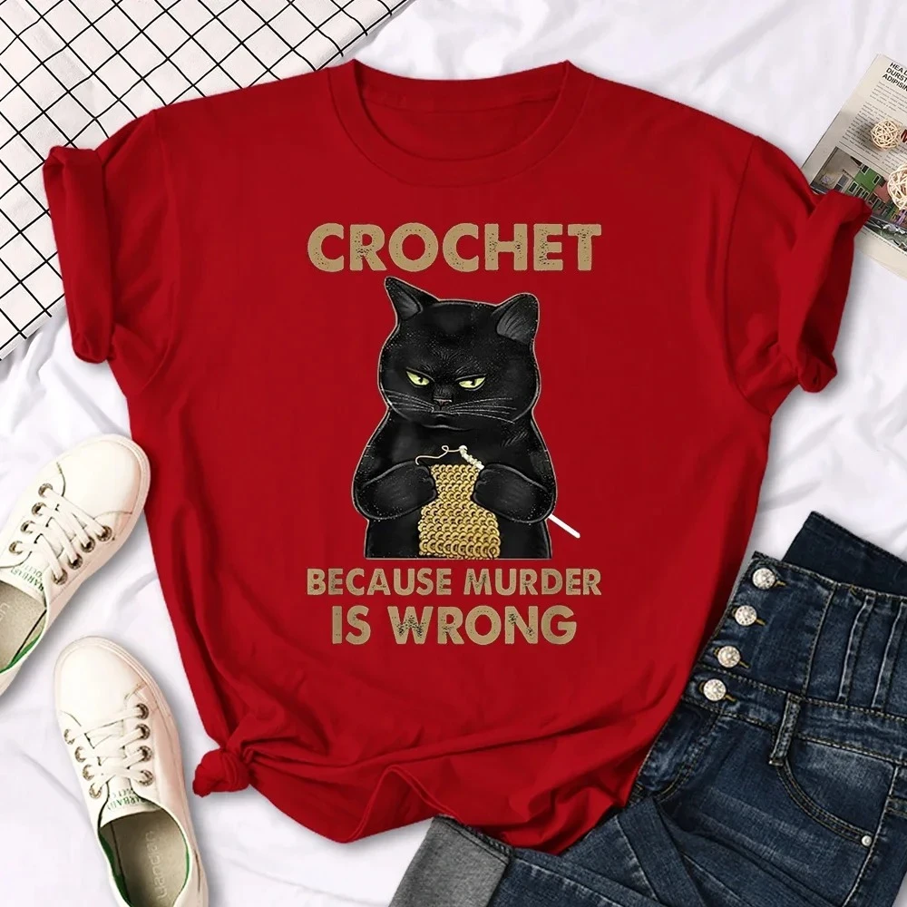 Crochet Because Murder Is Wrong Cat Printing Female Tshirts Casual Summer T-shirt Fashion Creative Women Clothing Breathable Top