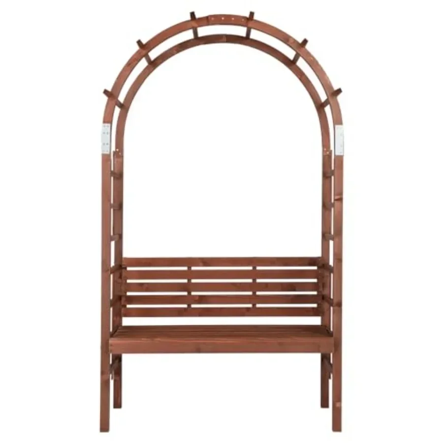 Wooden Garden Arbor Arch for outdoor lawn and patio, dark brown wood, 6.8FT with built-in bench seating two, ideal for climbing
