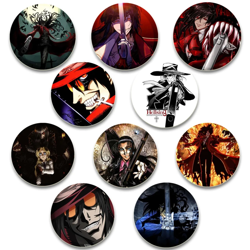 58mm Round Anime HELLSING Enamel Pins Black and White Handmade Brooch Cartoon Cosplay Badge on Backpack Jewelry Accessories Gift