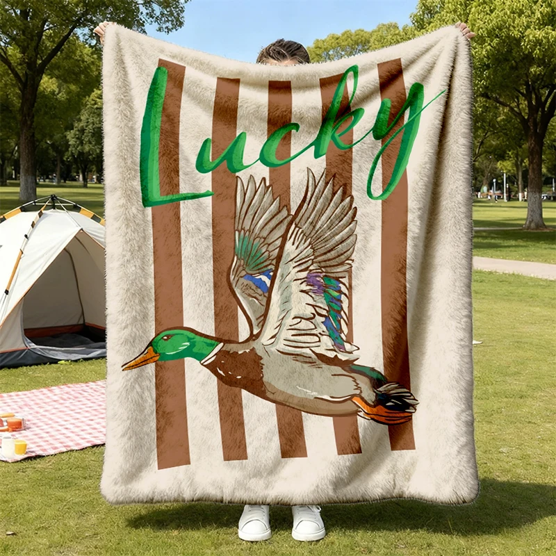 Striped Lucky Duck Flannel Throw, Summer Vibes Gift, Duck Lover Cozy Blanket, Mallard Flannel Blanket, Cute Warm, Summer