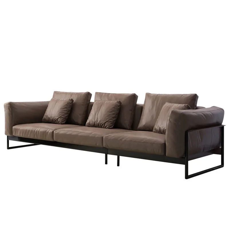 Italian minimalist light luxury down leather sofa, three-person straight row modern Nordic Napa top layer cowhide