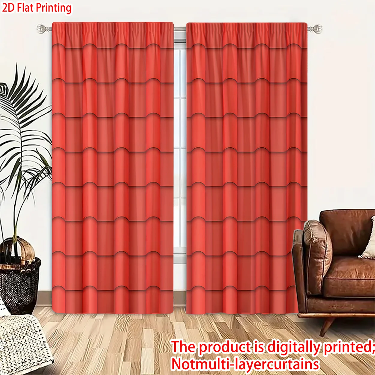 3D Red Tile Roof Pattern Curtains 2 Panels, Simulated Red Ceramic Tile Seamless Print Simple Retro Farmhouse Bedroom Curtain