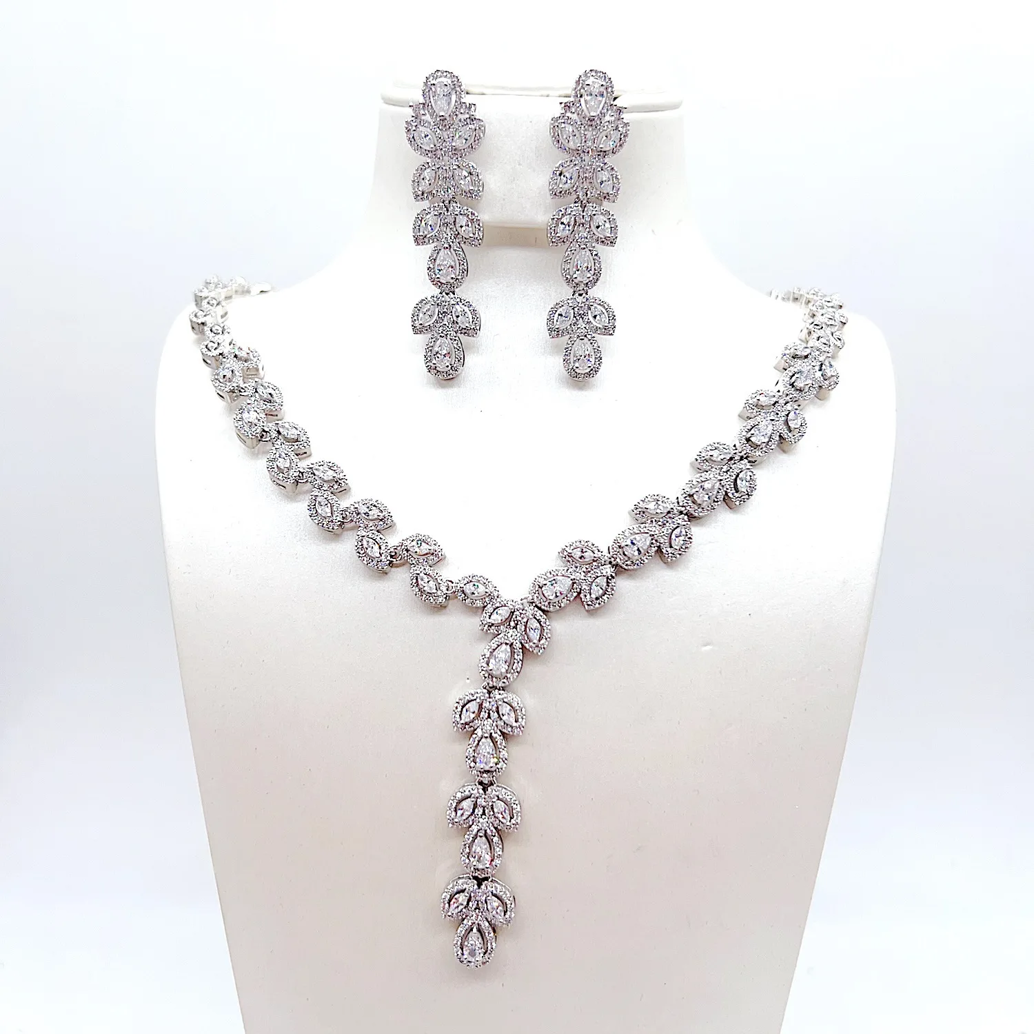 Luxury High-End Full Paved Cubic Zircon Leaf & Floral Y-Shaped Necklace Earrings Jewelry Set Bridal Wedding Gown Banquet Jewelry