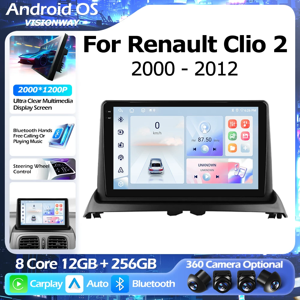 

QLED 2000*1200P 8-ядерный Android 16 для Renault Clio 2 2000-2012 GPS-навигация Мультимедийный плеер Автомобильный беспроводной CarPlay WIFI 4G