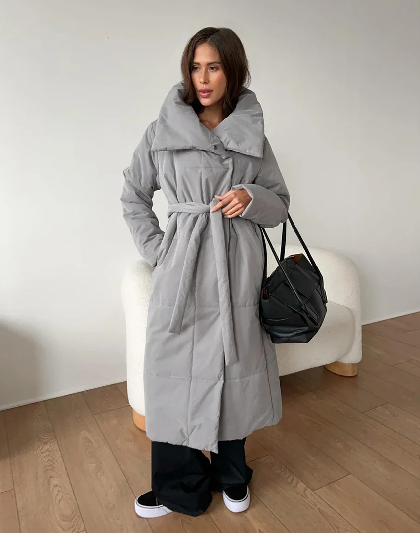 Elegant Winter Jacket for Women Parka Long Cotton-Padded Puffer Coat with Belt Stand Collar Warm Long Outerwear Chic Loose Coats