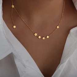 Stainless Steel Thin Chain Necklaces With Star Tassel For Woman 18k Gold Plated No Tarnish Women's Multi Star Charms Necklace