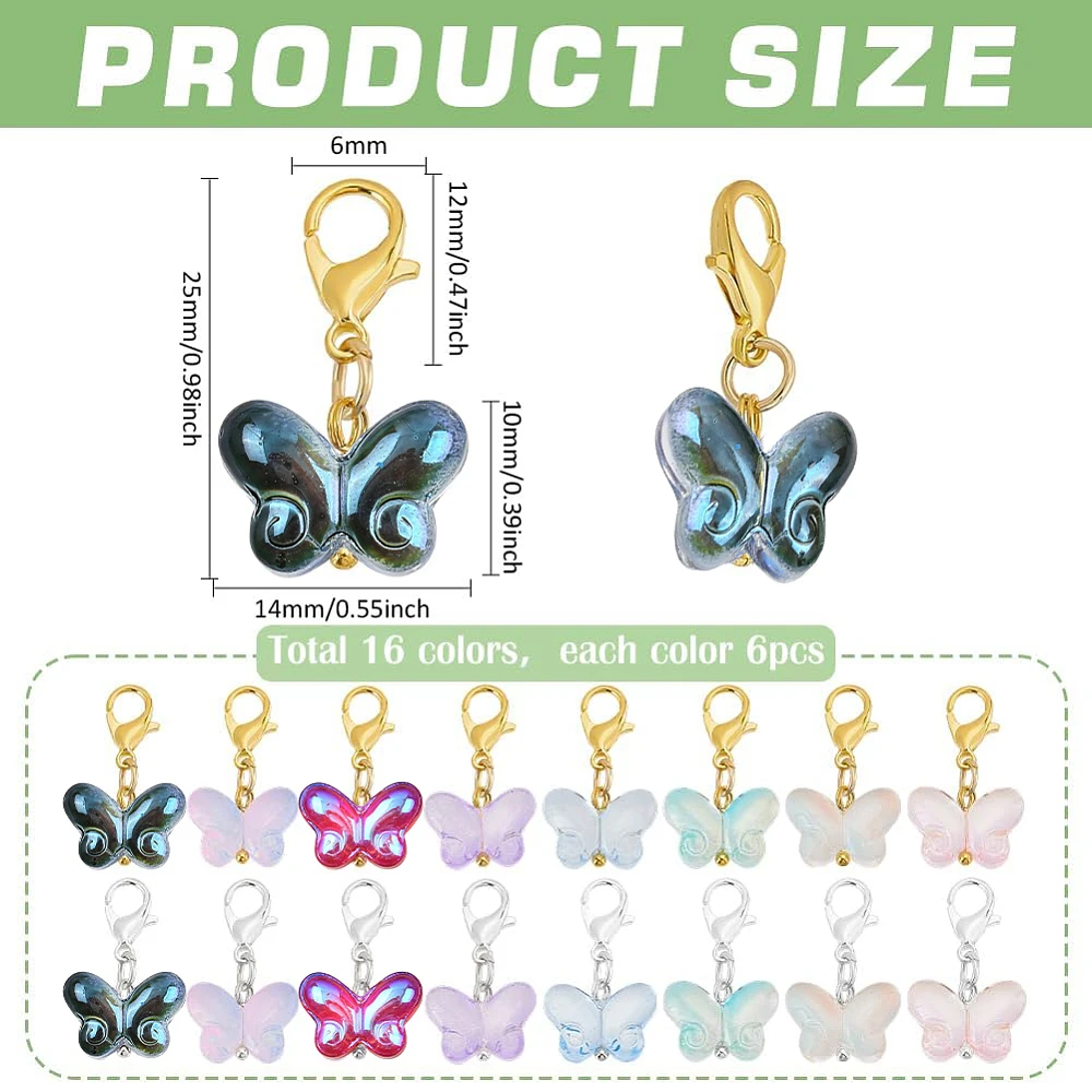 96pcs Glass Butterfly Charms Colorful Clip-on Charms Dangle Pendants Stitch Marker Transparent Butterfly Pendants with Clasps