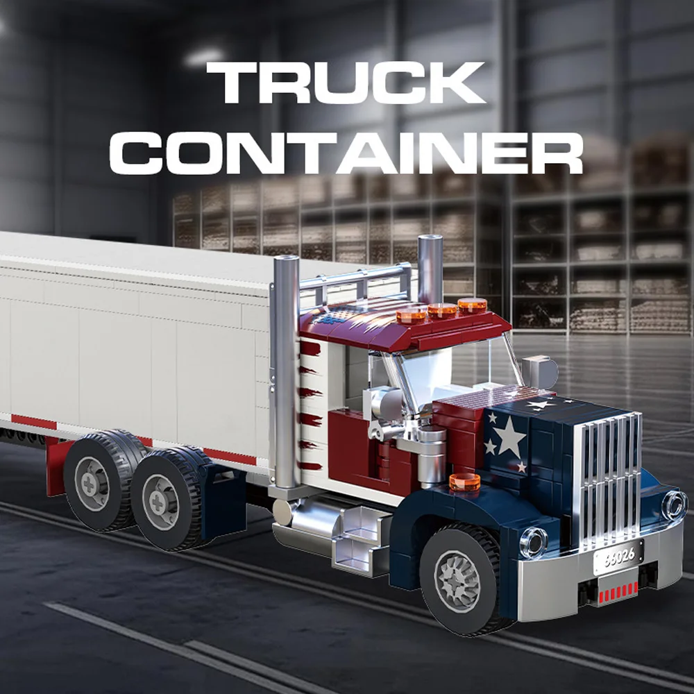 미국 트럭 운송 컨테이너 트레일러 빌딩 블록 MOC 운송 카트 자동차 모델 벽돌 퍼즐 장난감 어린이 및 성인용 선물