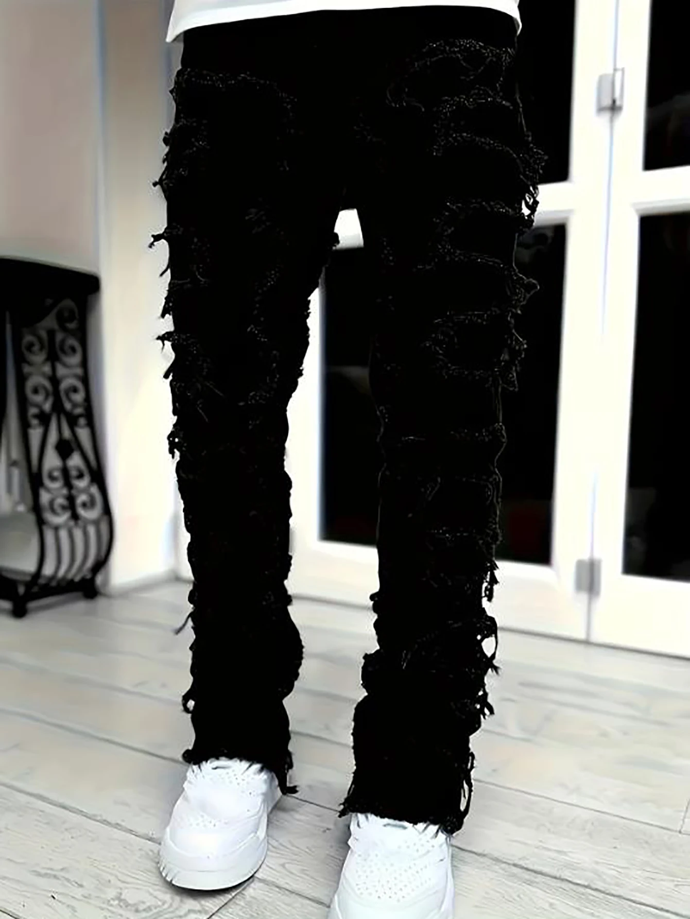 Vaqueros con flecos estilo hip-hop Y2k, vaqueros elásticos informales estilo callejero para hombre