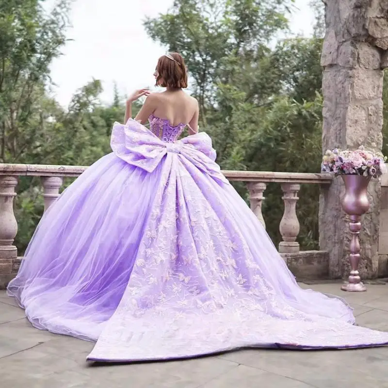 Customized Lavender Purple Charming Sweetheart Quinceanera Dress for Girl Big Bow Butterfly Appliques Corset Vestidos De 15 Anos