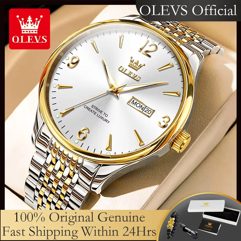 

OLEVS 2928 Men's Watches Fashion Digital Scale Dual Calendar Luminous Waterproof Stainless Steel Original Quartz Watch for Male