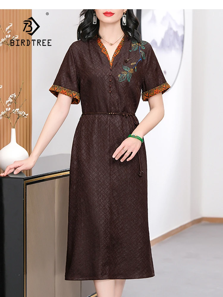 

BirdTree, 100%Real Silk Watered Gazue Elegant Dresses, Women Short Sleeve Embroidery, OL Retro Loose Dress, 2024 Summer D44020QC