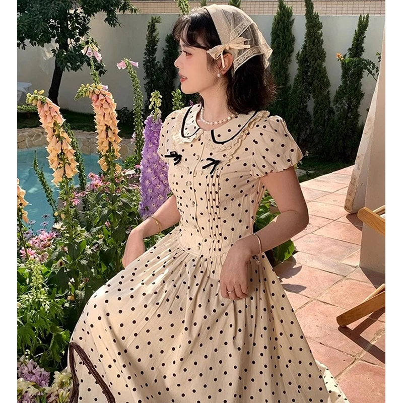 Sukienka midi w kropki vintage damska kawaii kokarda koronkowa sukienka letnia elegancka koreańska bufiaste krótkie rękawy obcisła vestidos