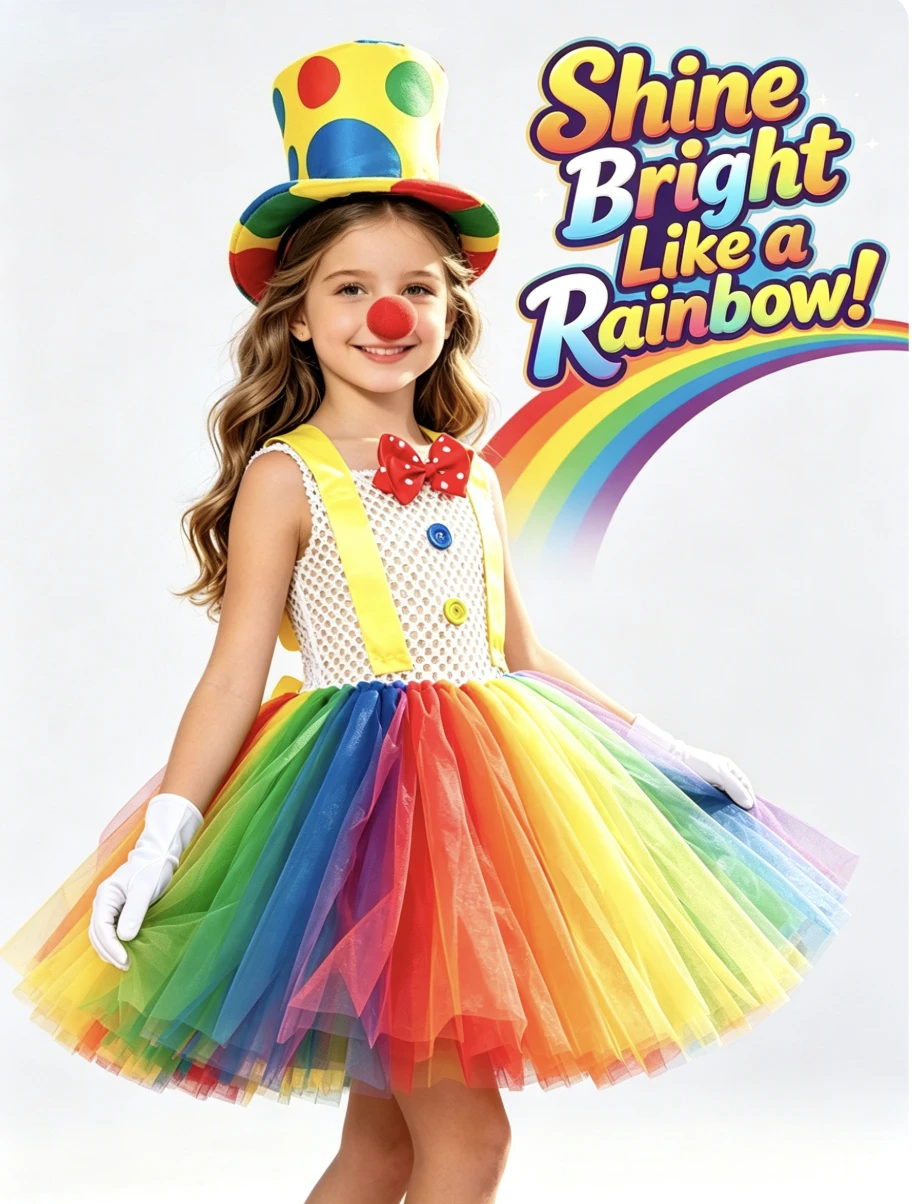 Rainbow Circus Clown Children Tutu Dress Colorful With Hat Glove Outfit Funny JokerThemed Halloween Party Dress Up Tulle Clothes